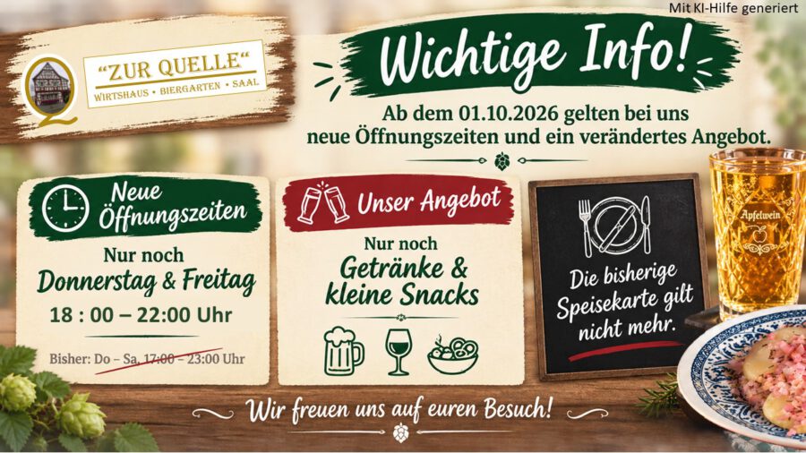 Andere Öffnungszeiten und Angebot ab 01.10.2026